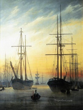  Boat Oil Painting - View Of A Harbour Romantic boat Caspar David Friedrich